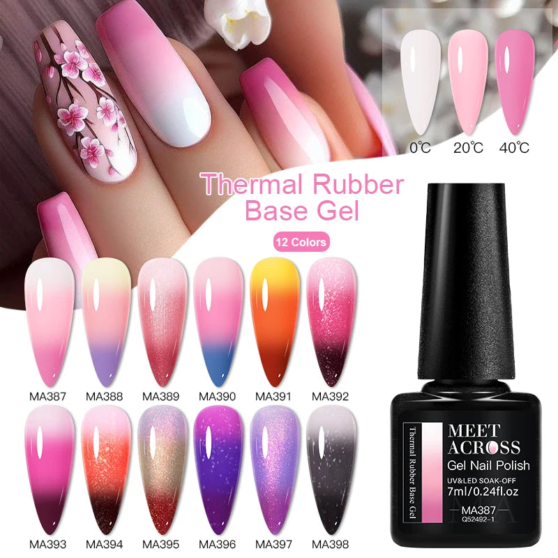 Vernis Gel Base Caoutchouc MEET ACROSS 7ml - Thermochrome Paillettes Gradient UV Manucure Longue Tenue