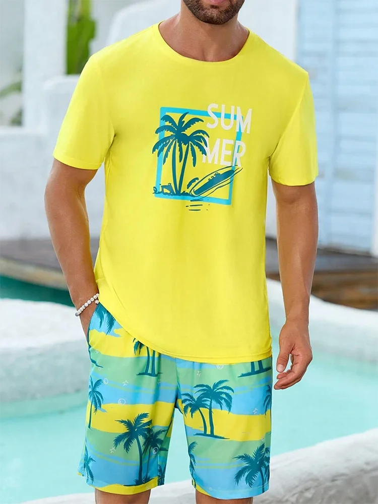 Ensemble Homme 2 Pièces Imprimé Hawaïen - T-Shirt Manches Courtes & Short de Plage