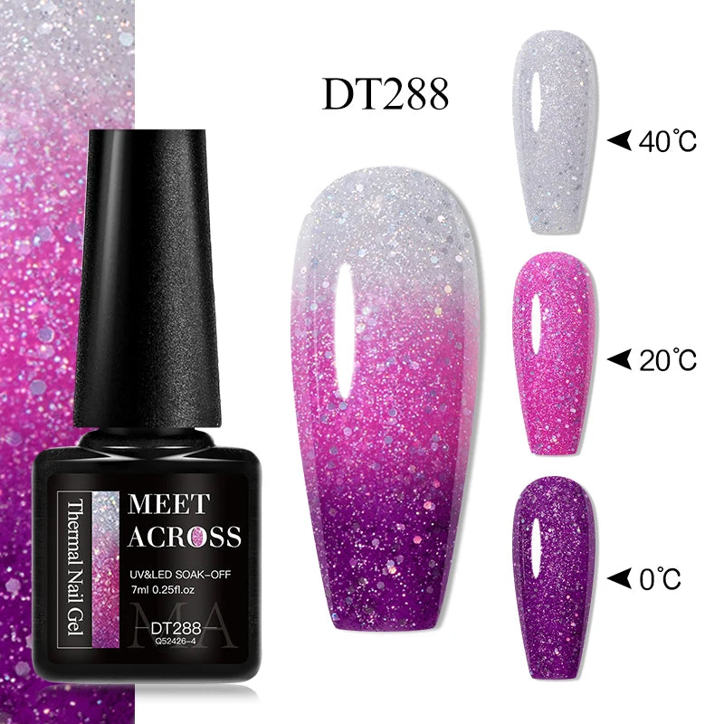 Vernis Gel Base Caoutchouc MEET ACROSS 7ml - Thermochrome Paillettes Gradient UV Manucure Longue Tenue