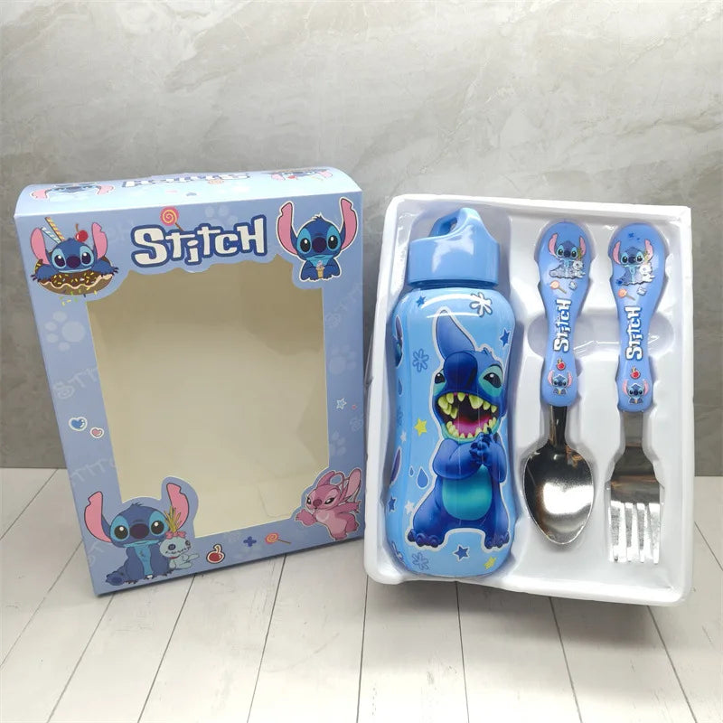 Set Vaisselle Enfant Disney Stitch 3 Pièces - Gourde Cuillère Fourchette Cartoon Portable Outdoor Cadeau