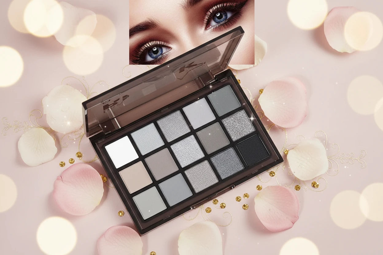 Palette Fard à Paupières 15 Couleurs Noir Gris Smokey Mat Blanc Argent Maquillage Yeux Fumé Look Gothique