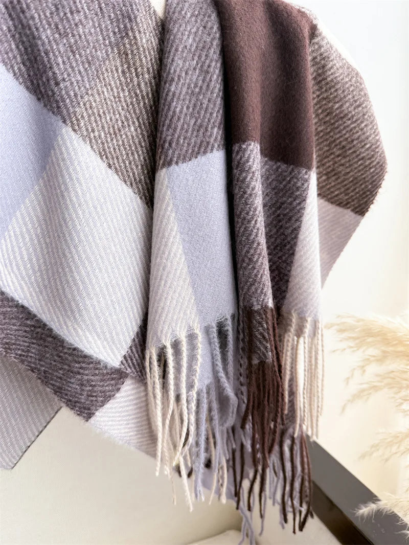 Écharpe Plaid Carreaux Luxe Automne/Hiver - Pashmina Châle Franges Femme Chaud