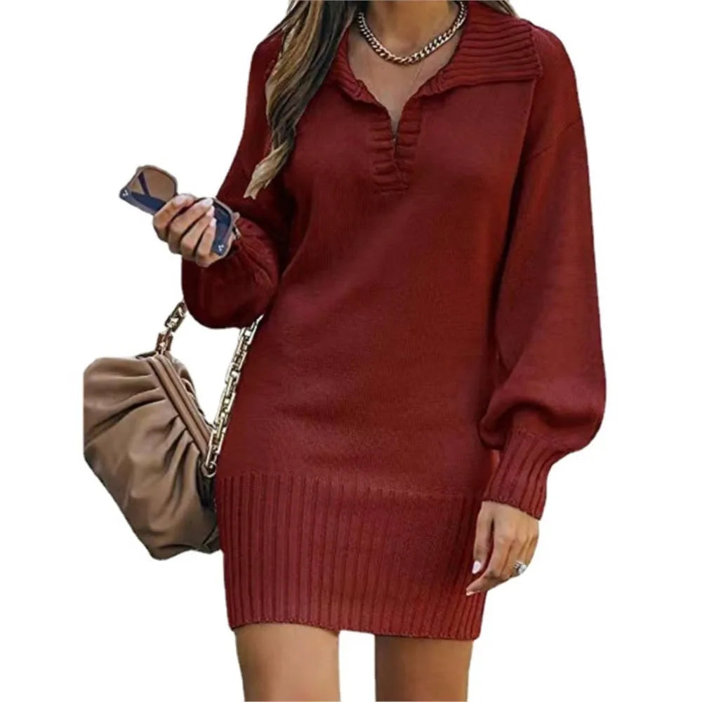 Robe Pull Femme Mi-Longue - Sweater Dress Col Polo Manches Lanterne Tricot Élégant Automne Hiver