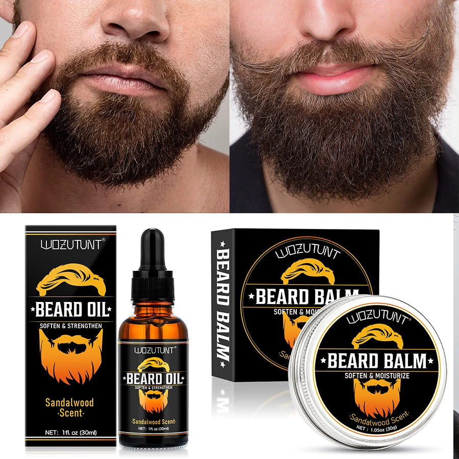 Kit Soin Barbe Homme 5 Pièces - Huile & Baume Hydratant Nourrissant Croissance Moustache avec Outils