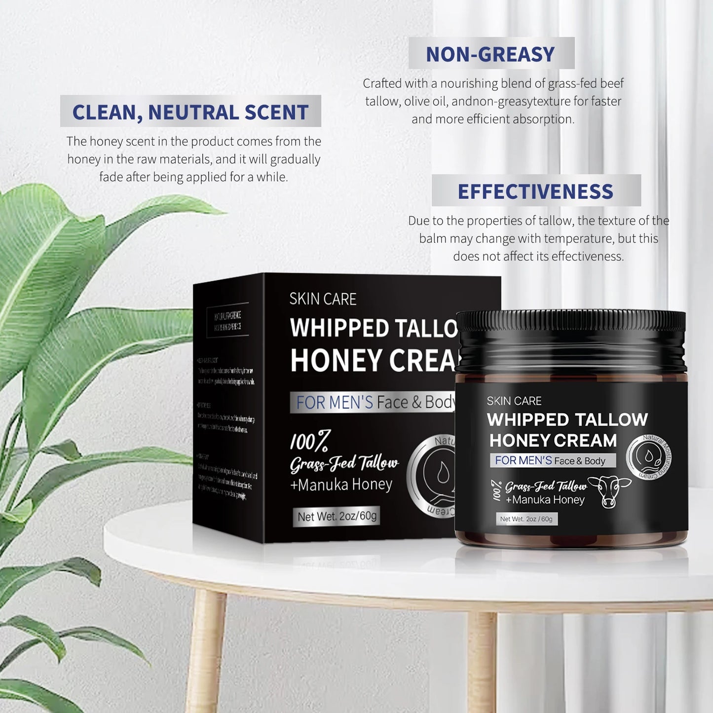 Crème Fouettée Tallow Miel Homme 60g - Hydratant Naturel Suif Nourri Herbe Miel Manuka Soin Visage Corps 2025