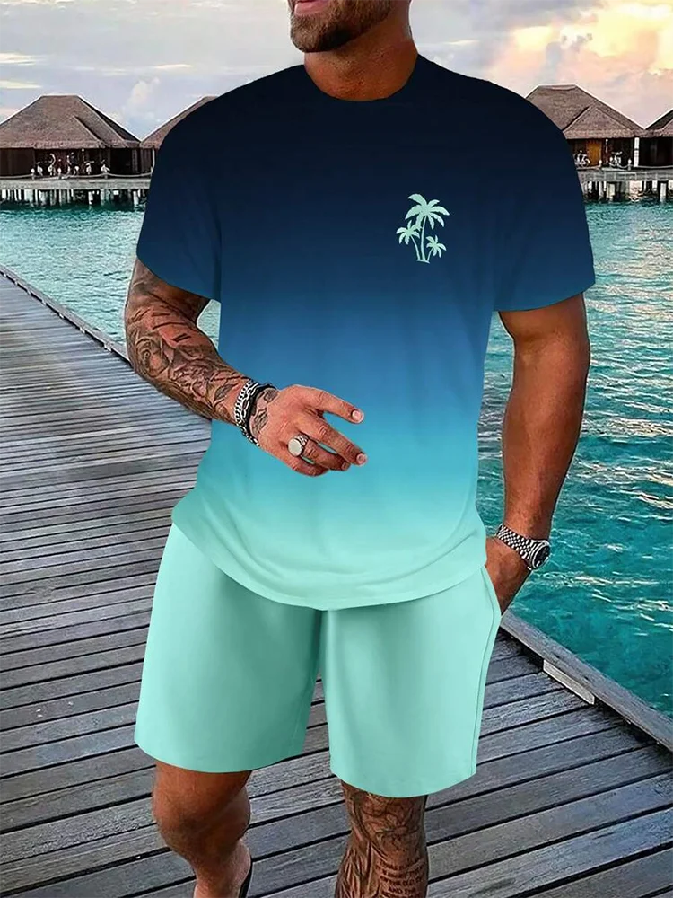 Ensemble Homme 2 Pièces Imprimé Hawaïen - T-Shirt Manches Courtes & Short de Plage