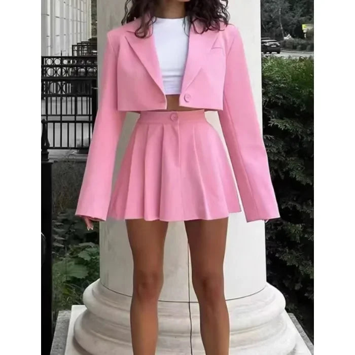 Ensemble Femme 2 Pièces Blazer Chic - Veste Courte Crop & Jupe Mini Plissée Streetwear