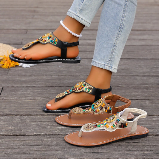 Sandales Plates Femme Bohème Clip Toe - Gladiator Rétro Plage Antidérapantes