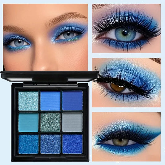 Palette Fard à Paupières Bleu Luxe 9 Couleurs - Mat Velours et Paillettes Waterproof Smoky Eyes Longue Tenue