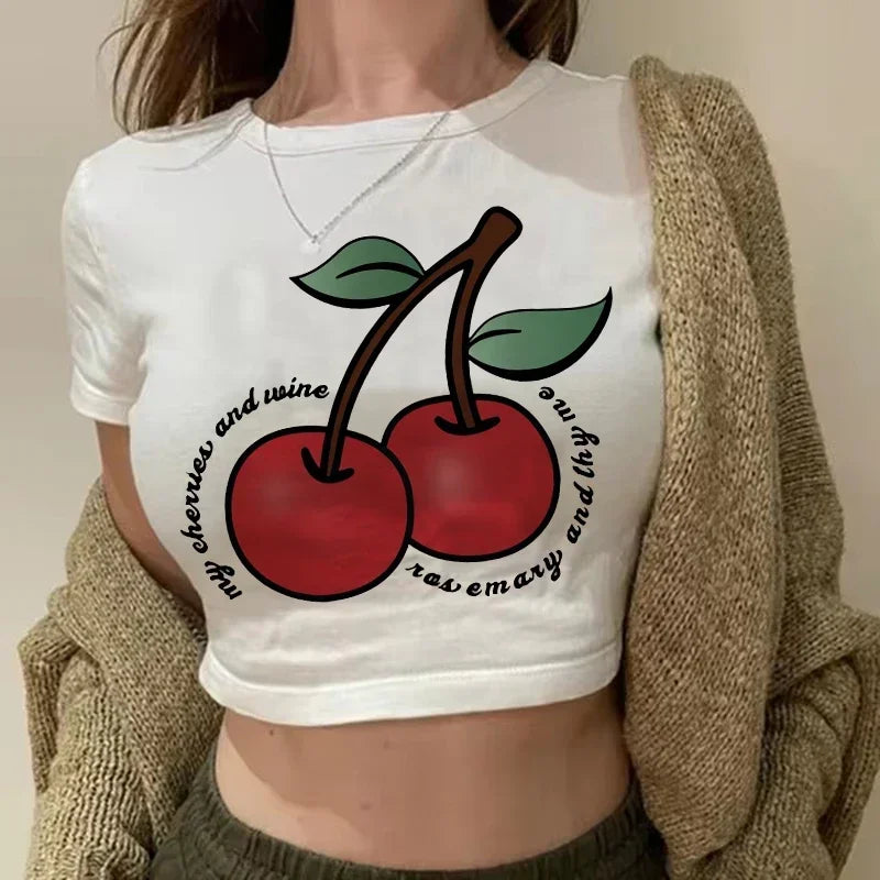 Top Crop Femme Strawberry Cherry - T-Shirt Gothic Harajuku 90s Streetwear Été
