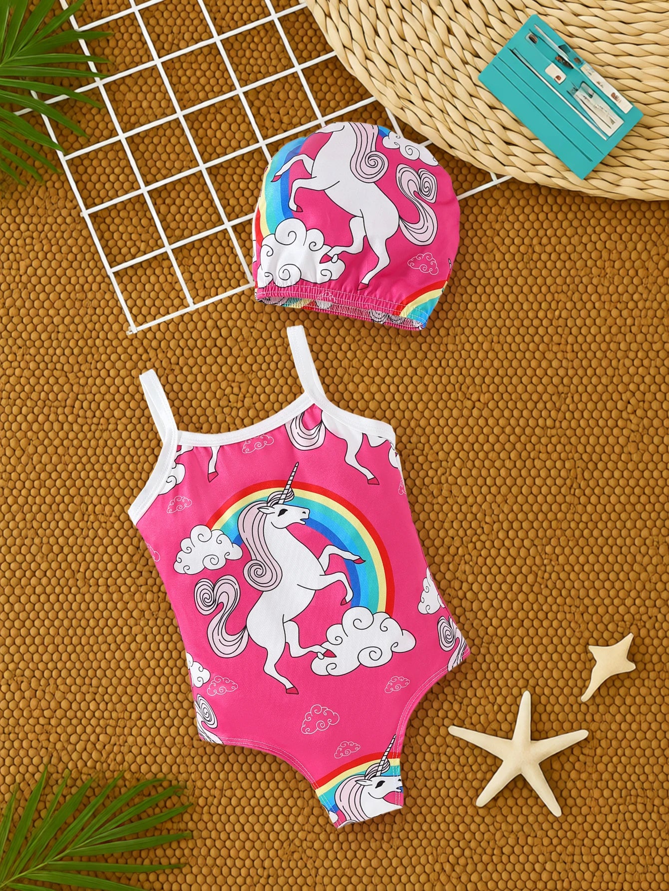 Maillot de Bain Bébé Licorne Arc-en-Ciel 2 Pièces - Bikini Bretelles Rose Nuages Chapeau Été