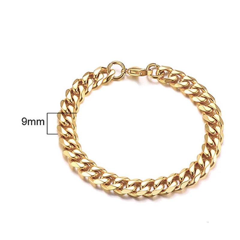 Bracelet Chaîne Acier Inoxydable Cuban Link - Bangle Doré Unisexe Empilable 3mm-9mm Homme Femme