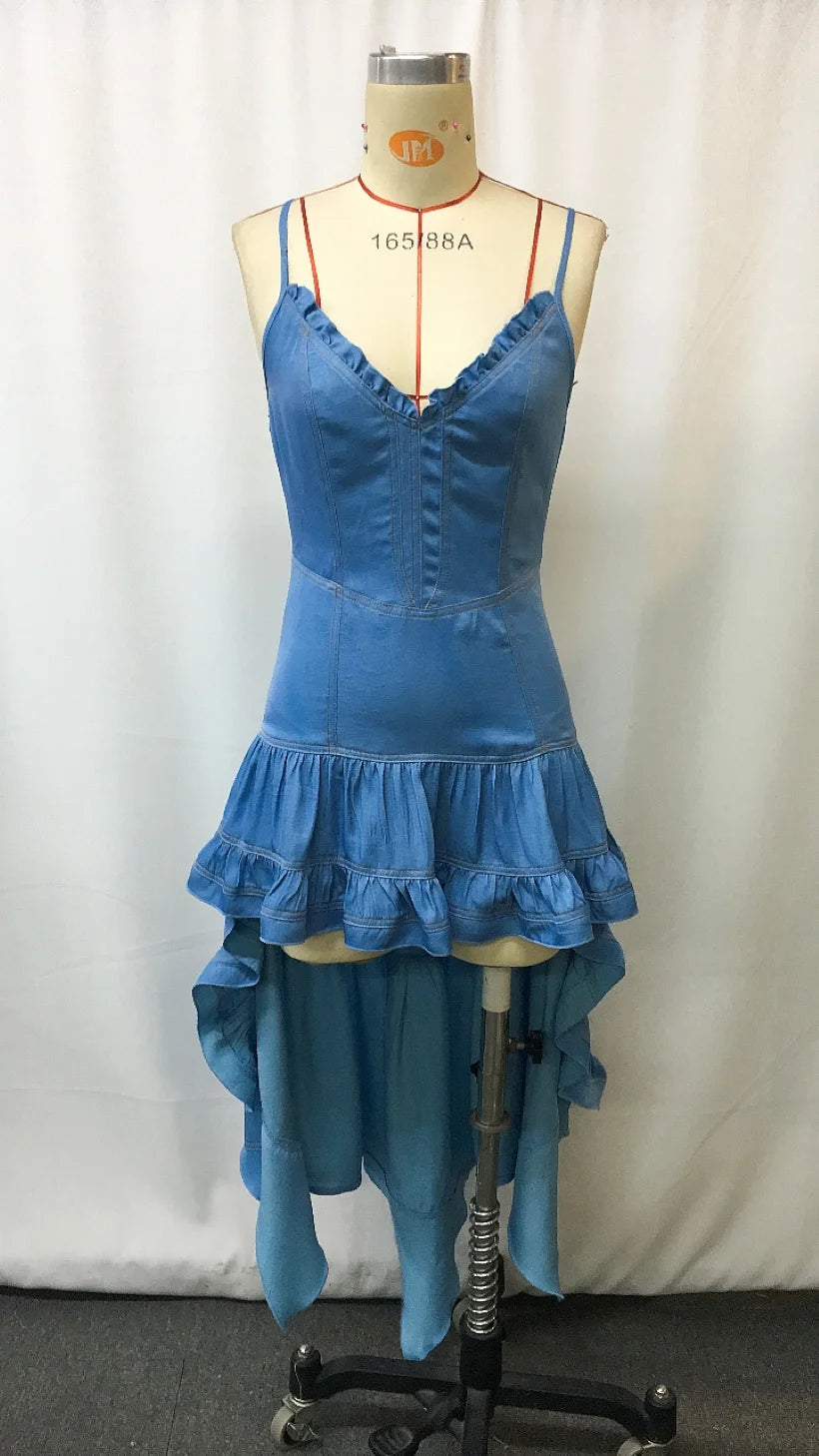 Robe Denim Rétro Western Midi Flare Volants - Vintage Cowboy Style Automne Stretch Confort Femme