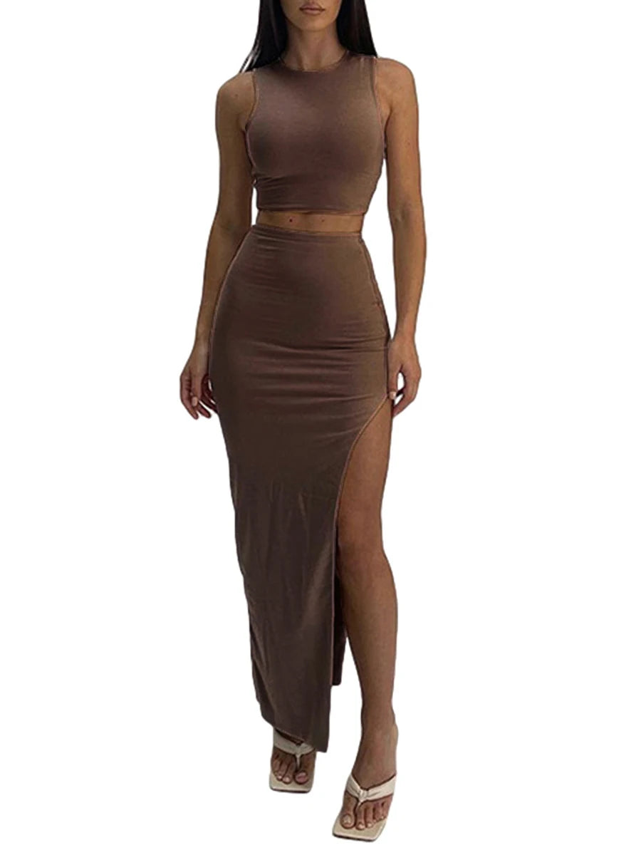 Ensemble 2 Pièces Été Débardeur Col Rond + Jupe Longue Fendue - Couleur Unie Taille Haute Femme