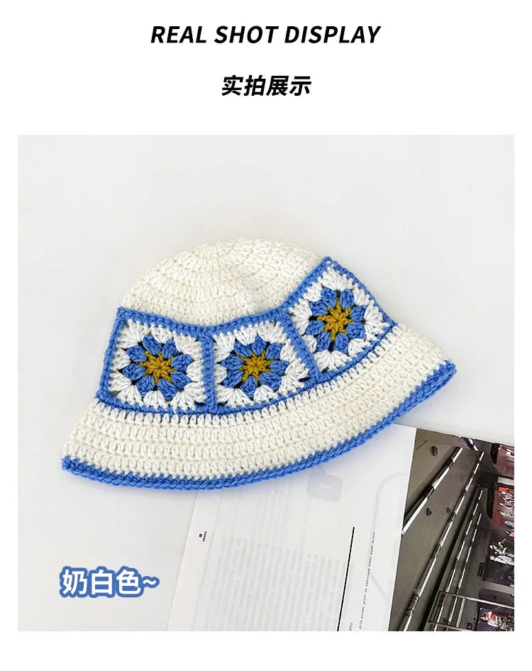 Chapeau Bob Crochet Coréen Fait Main avec Fleurs - Bonnet Tricoté Y2K Femme pour Automne Hiver