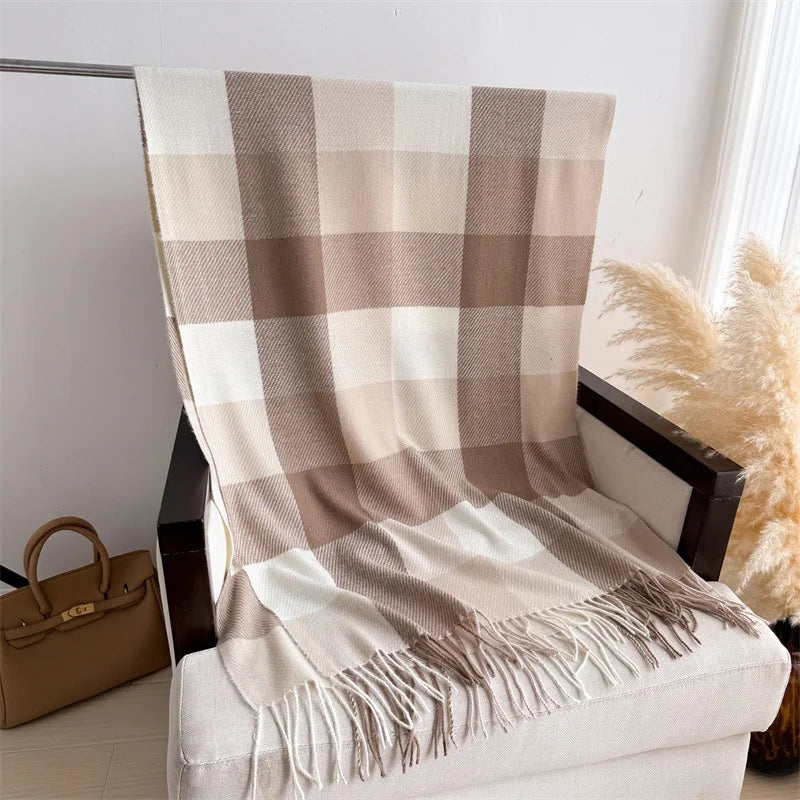 Écharpe Plaid Carreaux Luxe Automne/Hiver - Pashmina Châle Franges Femme Chaud