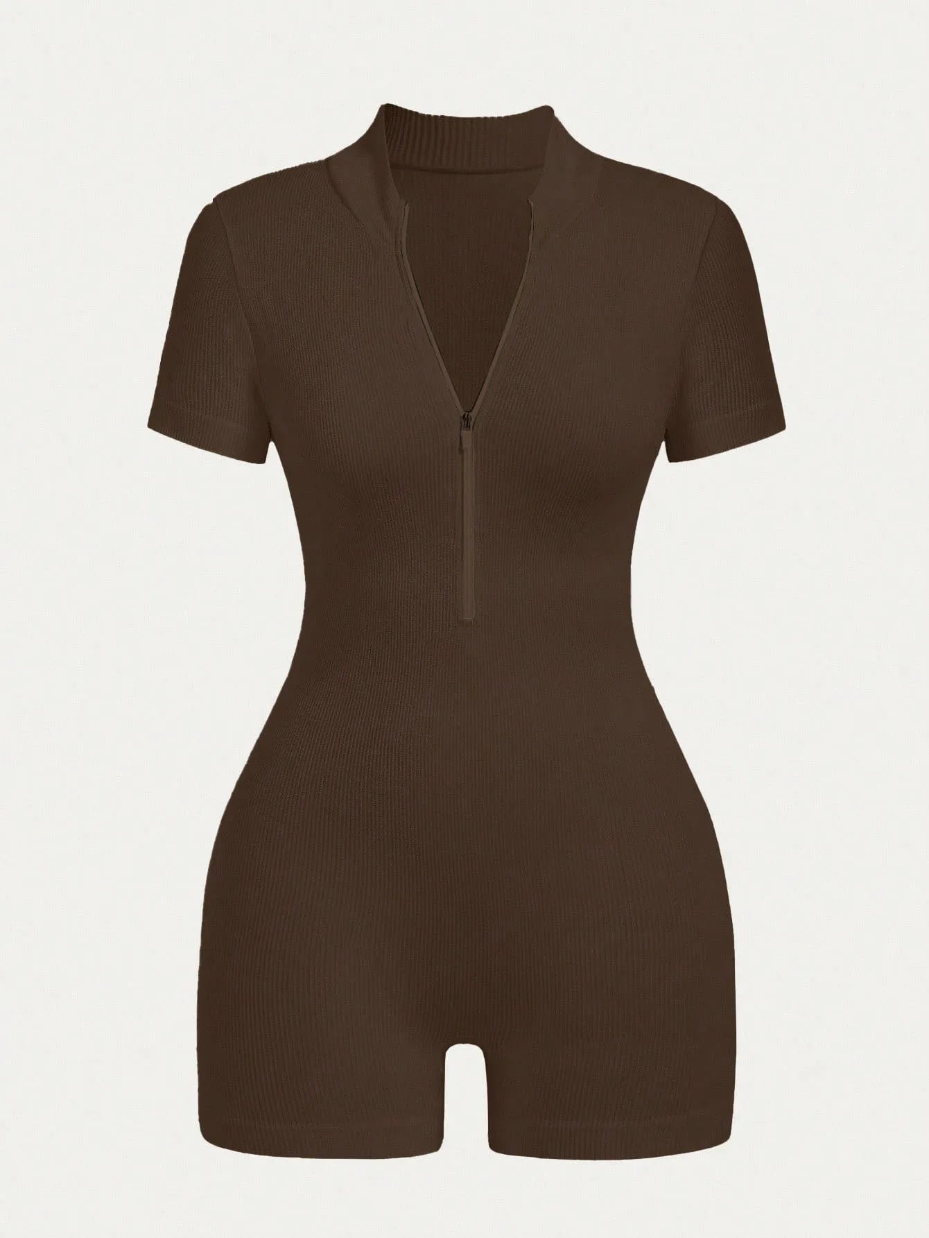 Combi-Short Femme Zip Col Montant - Tricot Côtelé Sport Été 2025