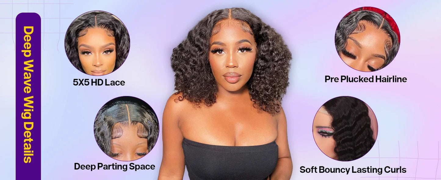 Perruque Bob Courte Cheveux Humains 10 Pouces - Lace Front 5x5 Sans Colle Deep Wave