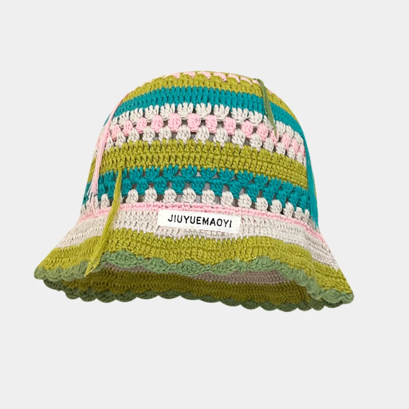 Chapeau Bob Crochet Coréen Fait Main avec Fleurs - Bonnet Tricoté Y2K Femme pour Automne Hiver