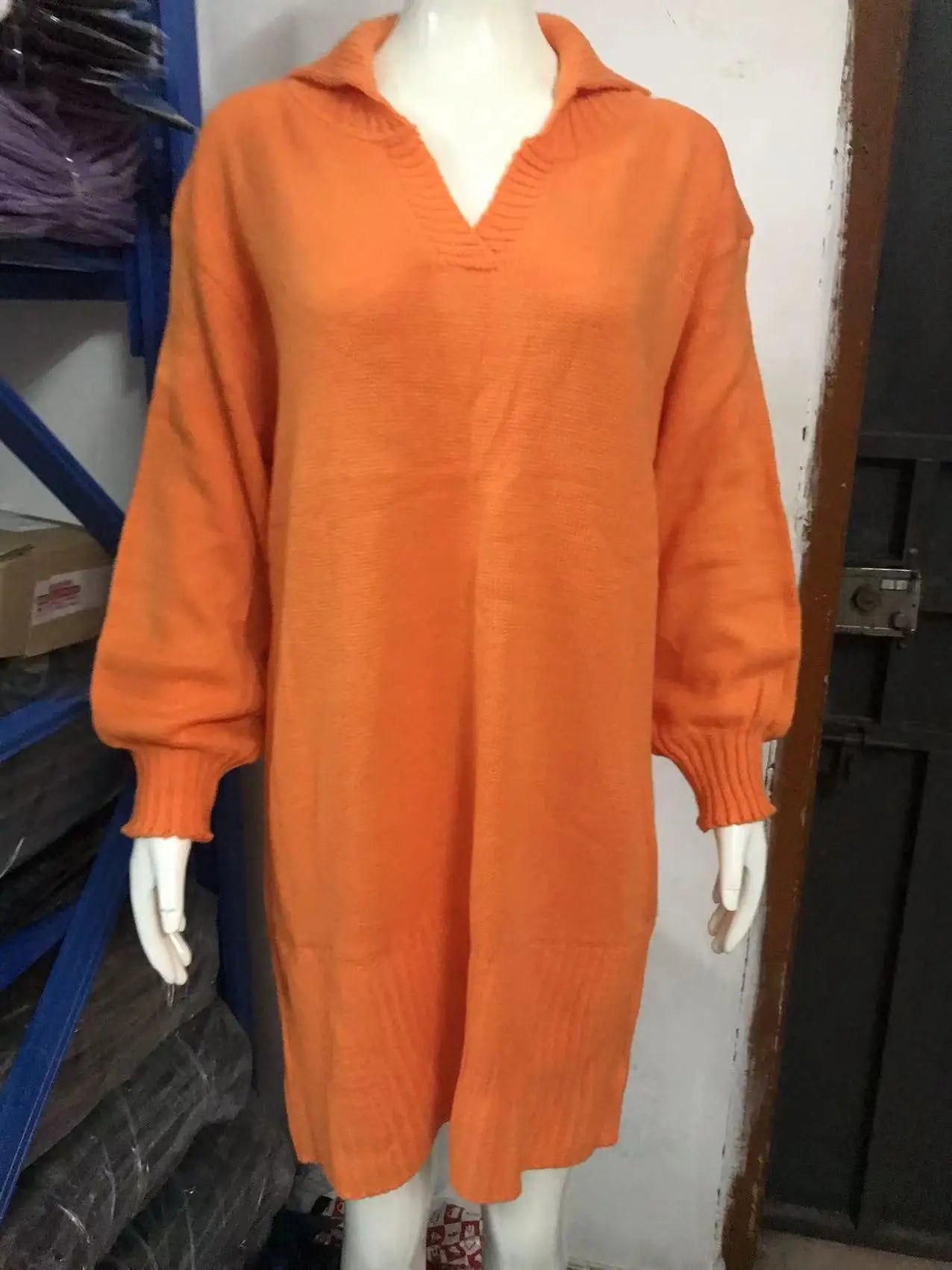 Robe Pull Femme Mi-Longue - Sweater Dress Col Polo Manches Lanterne Tricot Élégant Automne Hiver