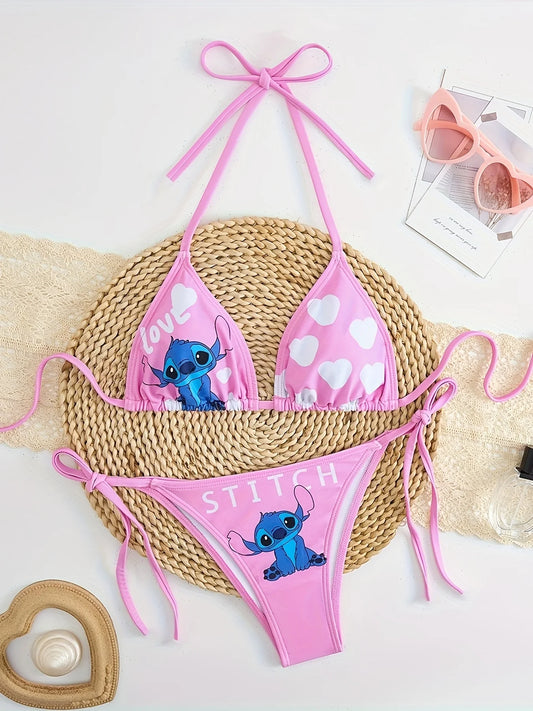 Bikini Lilo & Stitch 2026 - Ensemble 2 Pièces Halter Cœur Rose Plage Été