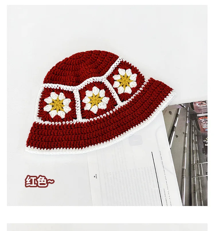 Chapeau Bob Crochet Coréen Fait Main avec Fleurs - Bonnet Tricoté Y2K Femme pour Automne Hiver