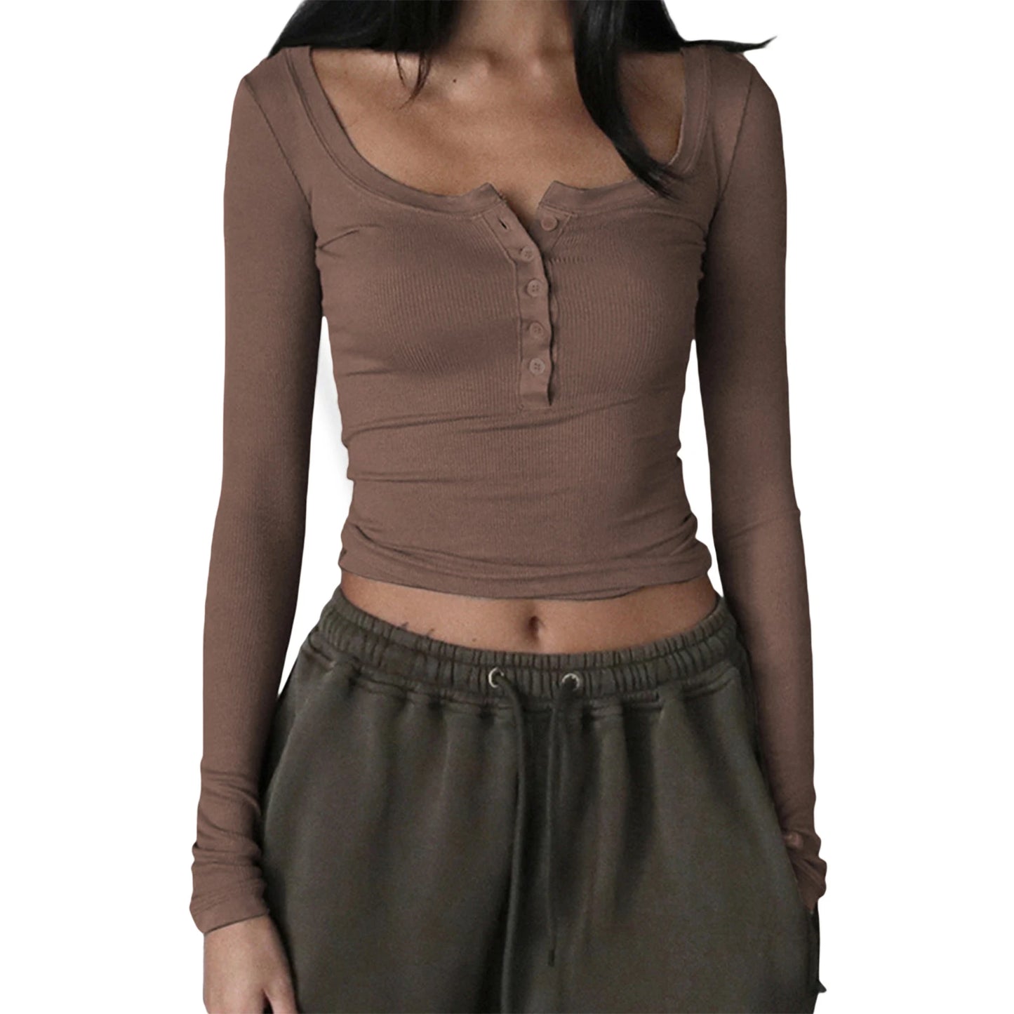 Chemise Femme Tricot Henley Boutons - Crop Top Streetwear