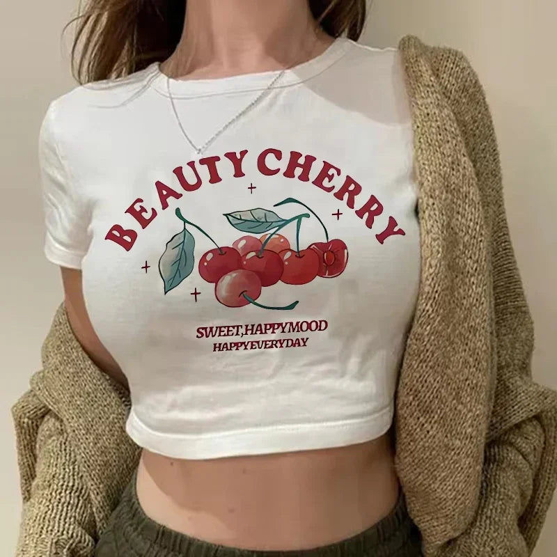 Top Crop Femme Strawberry Cherry - T-Shirt Gothic Harajuku 90s Streetwear Été
