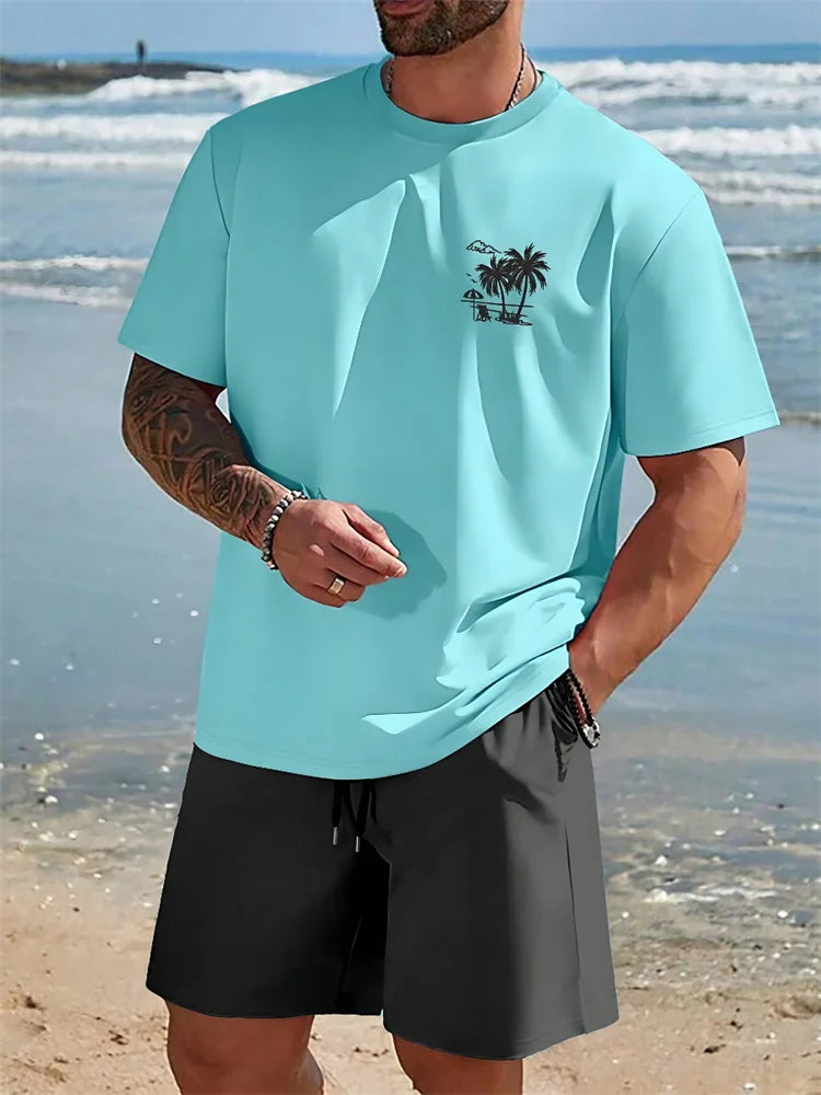 Ensemble Homme 2 Pièces Imprimé Hawaïen - T-Shirt Manches Courtes & Short de Plage