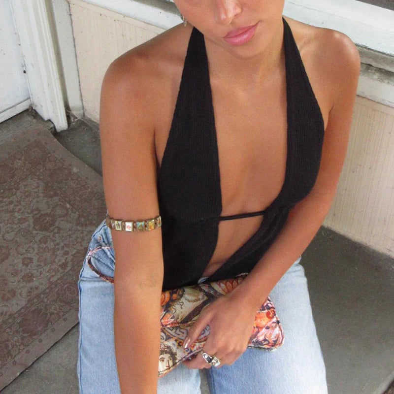 Top Crop Halter Bandage Dos Nu Femme