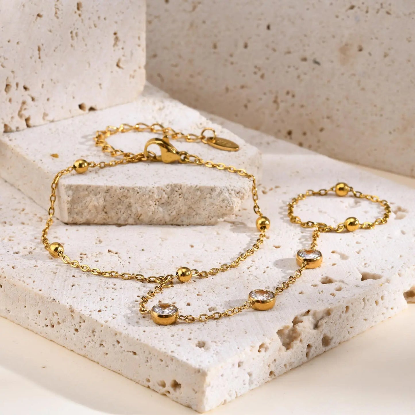 Bracelet Bague Chaîne Acier Inoxydable Femme - Bijou Main Perles Vnox Tendance Cadeau