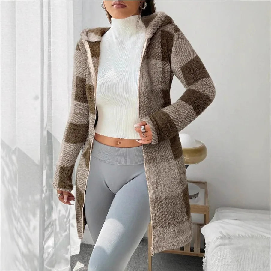 Manteau Femme Hiver Chaud Peluche - Carreaux Capuche Long Zip Cardigan