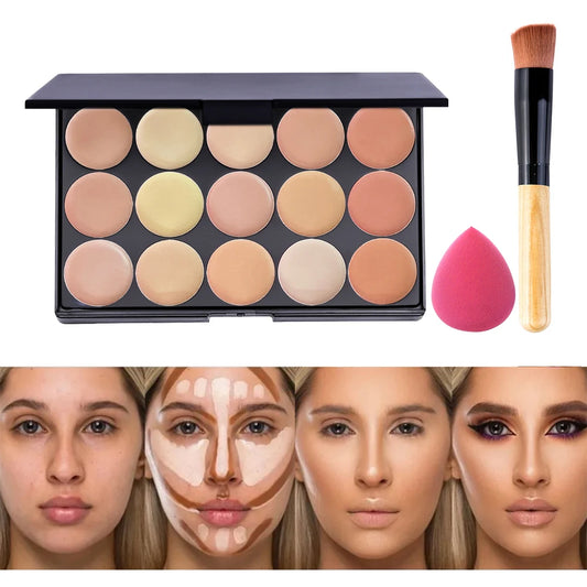 POPFEEL Palette Correcteur 15 Couleurs avec Pinceau et Éponge - Multifonction Imperfections Contouring Tatouage