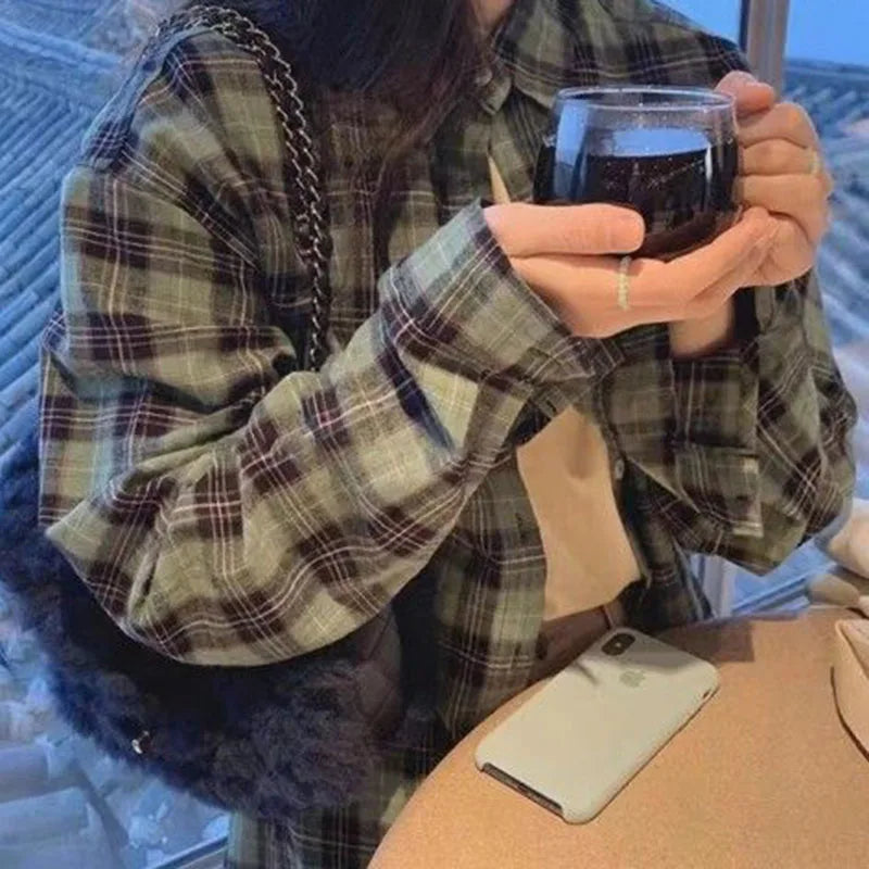 Chemise Carreaux Rose Femme - Automne Hiver, Manches Longues Loose Casual Chic