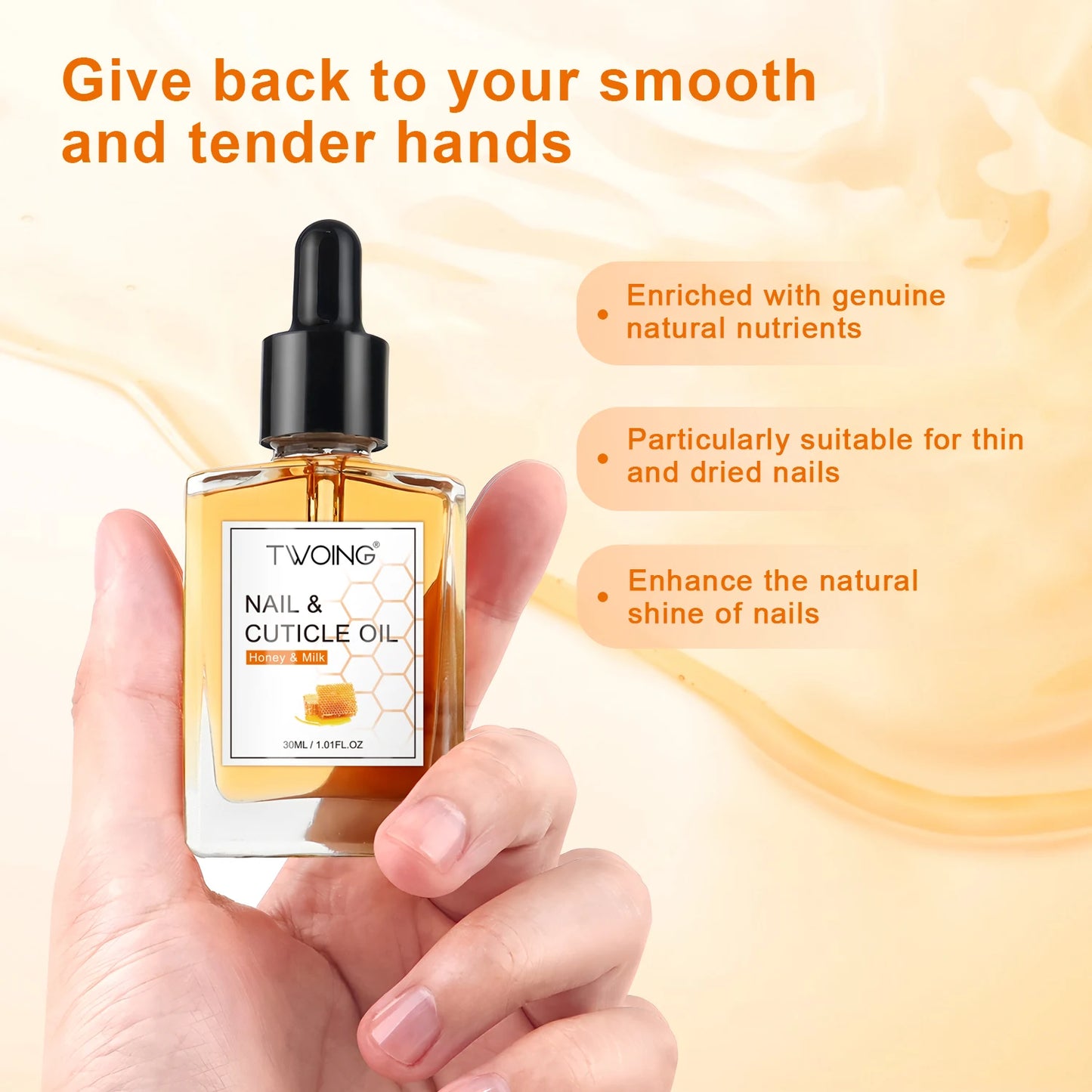 Huile Cuticules TWOING Miel Lait 30ml -Hydratante Ongles Peau Sèche Nutrition Soin