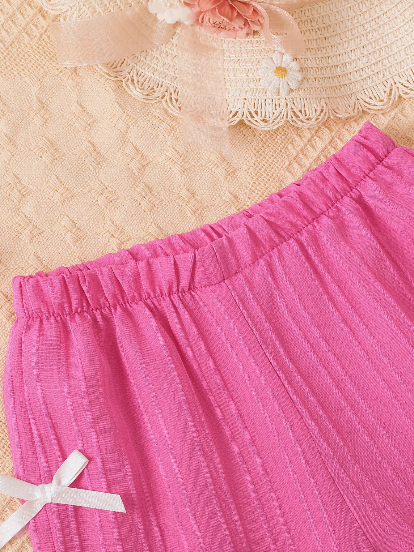 Ensemble 2 pièces fille été - Top broderie fleurs + Pantalon noeud