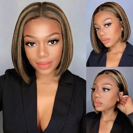 Perruque Bob Highlight Lace Front 13x4 Cheveux Humains - Péruvienne Lisse Courte Closure 4x4 1B/30