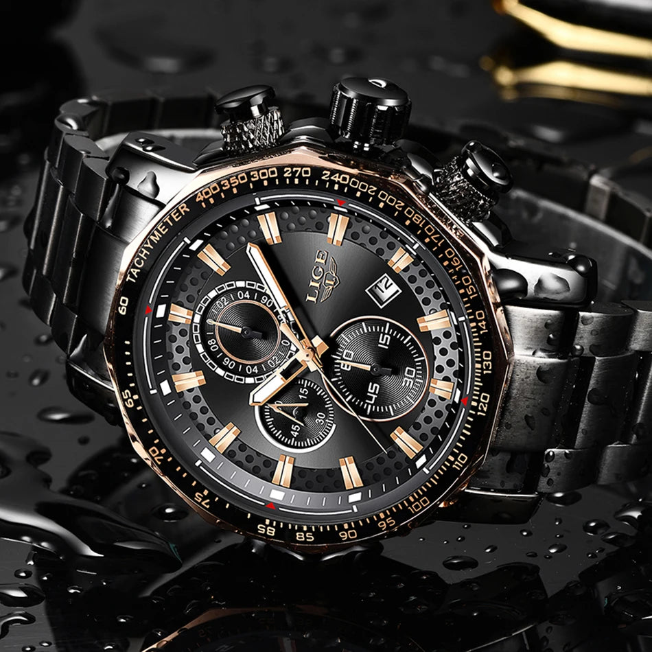 Montre Sport Homme LIGE Chronographe Or Noir - Acier Waterproof Luxury