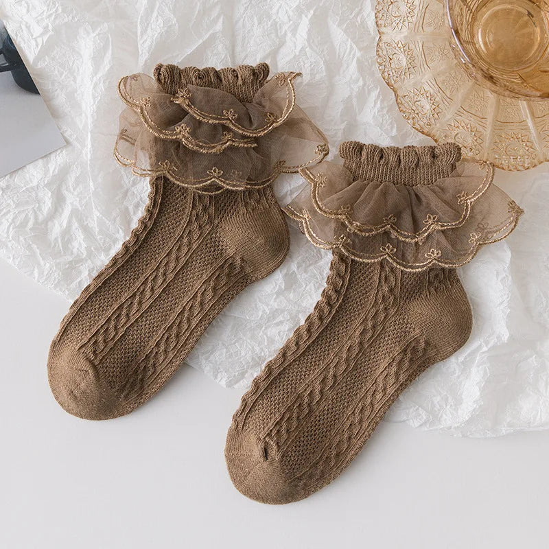 Lot de 5 Paires Chaussettes Fille Dentelle - Volants Princesse Coton Respirant