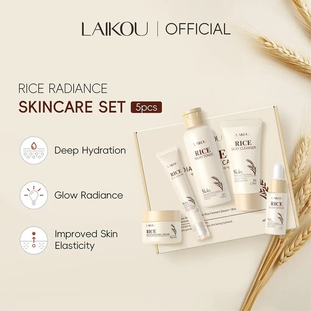 LAIKOU Set Soin Visage Riz Anti-Âge - Crème Yeux Nettoyant Essence Tonique Raffermissant Hydratant Complet