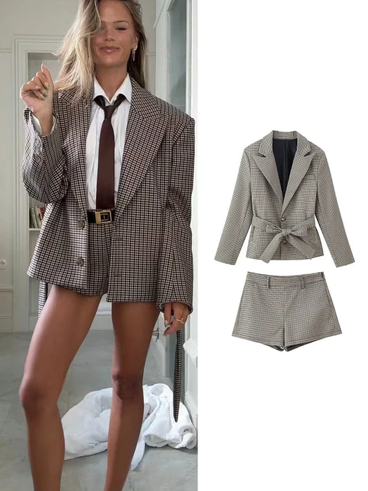 Ensemble Femme 2 Pièces Pied-de-Poule - Manteau Long Ceinturé & Short Chic Vintage