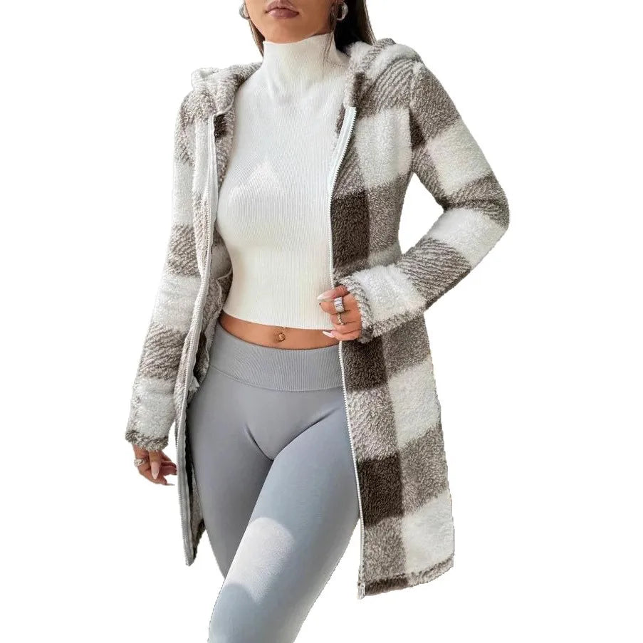 Manteau Femme Hiver Chaud Peluche - Carreaux Capuche Long Zip Cardigan