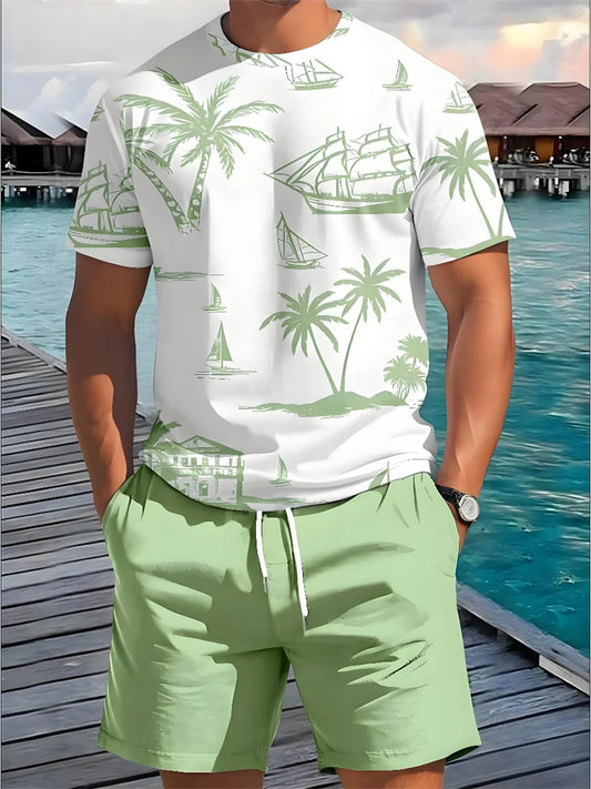 Ensemble Homme 2 Pièces Imprimé Hawaïen - T-Shirt Manches Courtes & Short de Plage