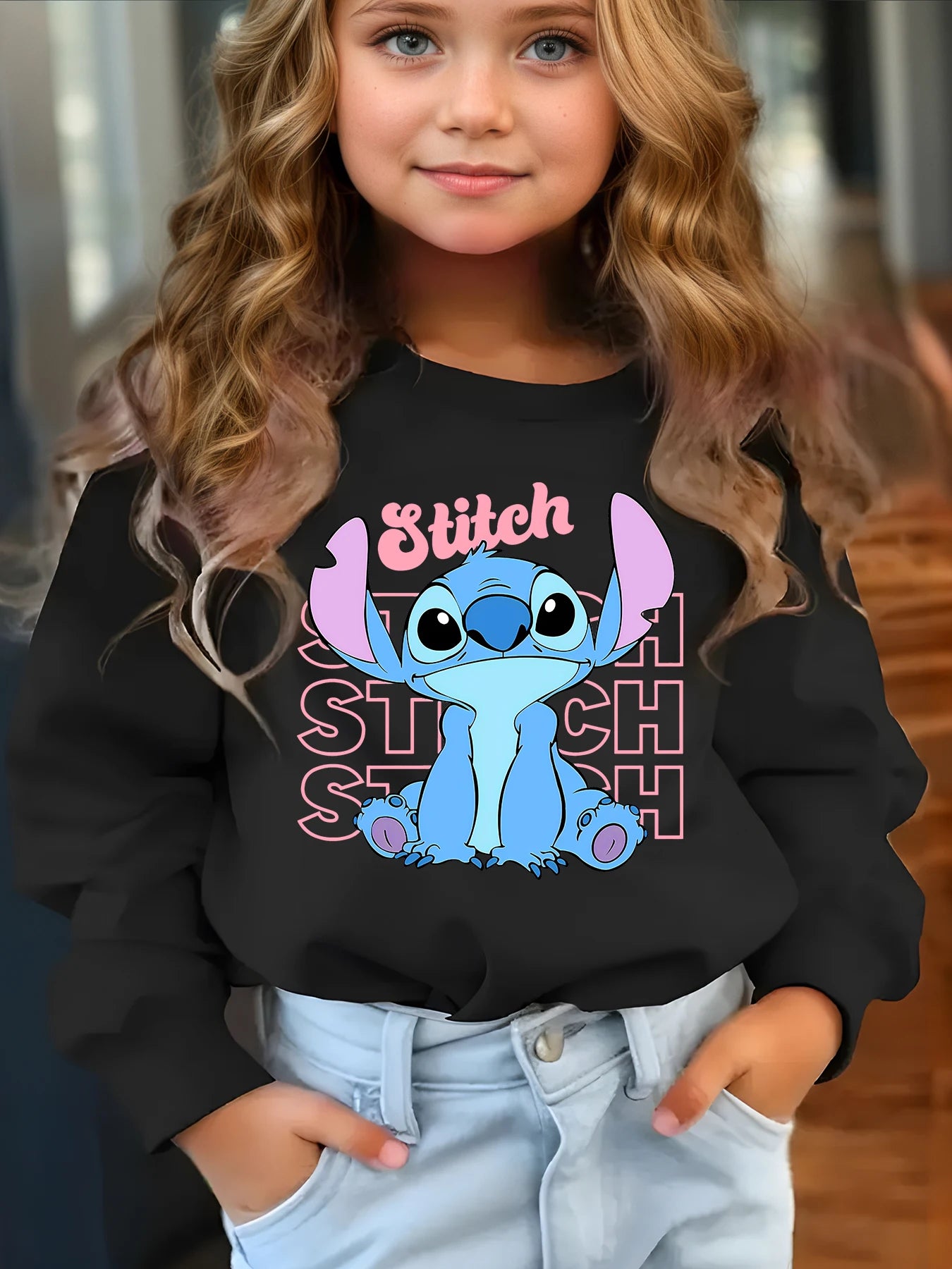 Sweat Enfant Stitch Disney Col Rond - Pull Casual Imprimé Cartoon Fille Garçon Cadeau