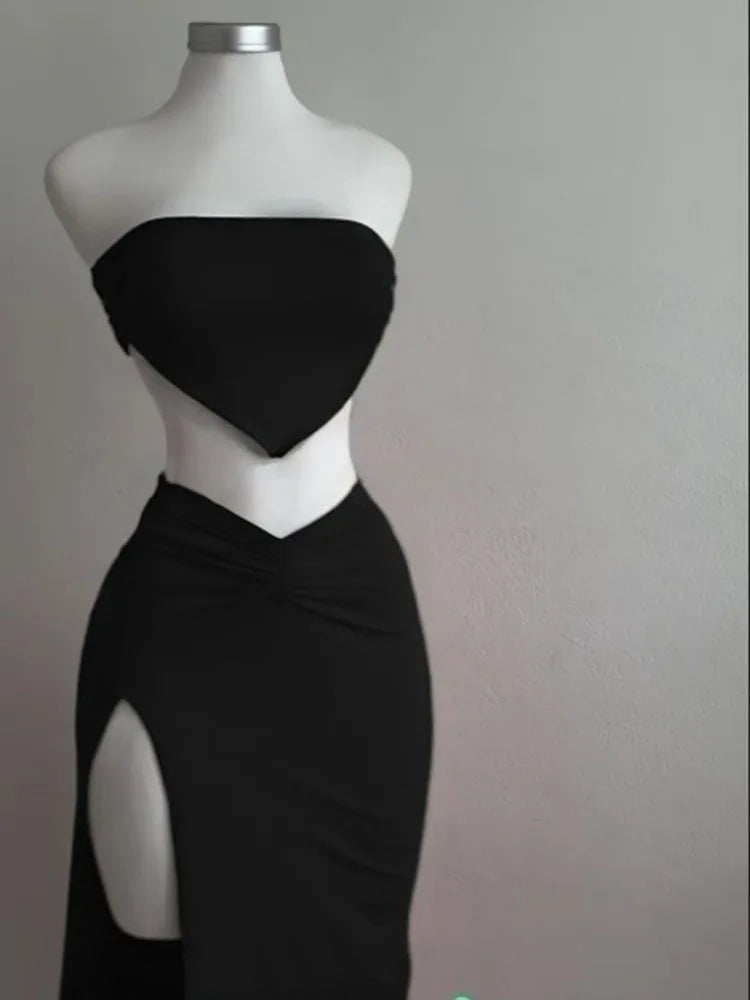 Ensemble 2 Pièces Femme Été - Crop Top Bustier Jupe Taille Haute Fendue Sexy Soirée