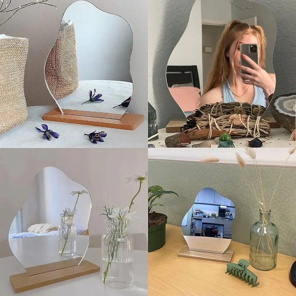 Miroir Décoratif Acrylique Base Bois - Minimaliste Irrégulier Maquillage Chambre Coiffeuse Beauté Cosmétiques