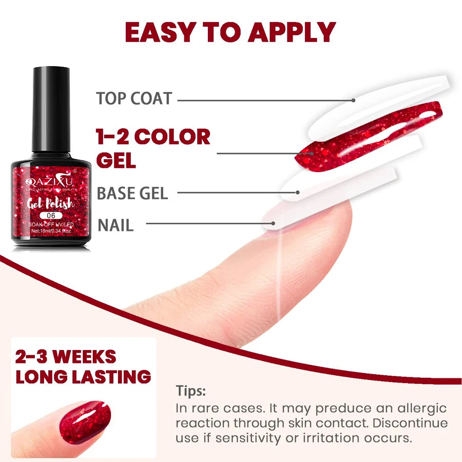 Vernis Gel Rouge Paillettes 10ml - Semi-Permanent UV LED Soak Off Nail Art Salon Maison Hiver