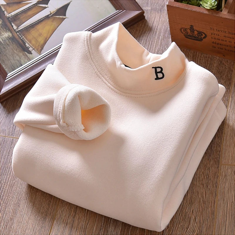 T-Shirt Thermique Enfant - Col Montant Velours Broderie Lettre