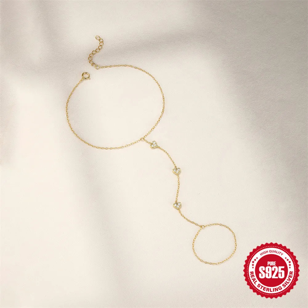 Bracelet Bague Argent 925 Cœur Pétale Zircon - Chaîne Main Femme Minimaliste Scintillant