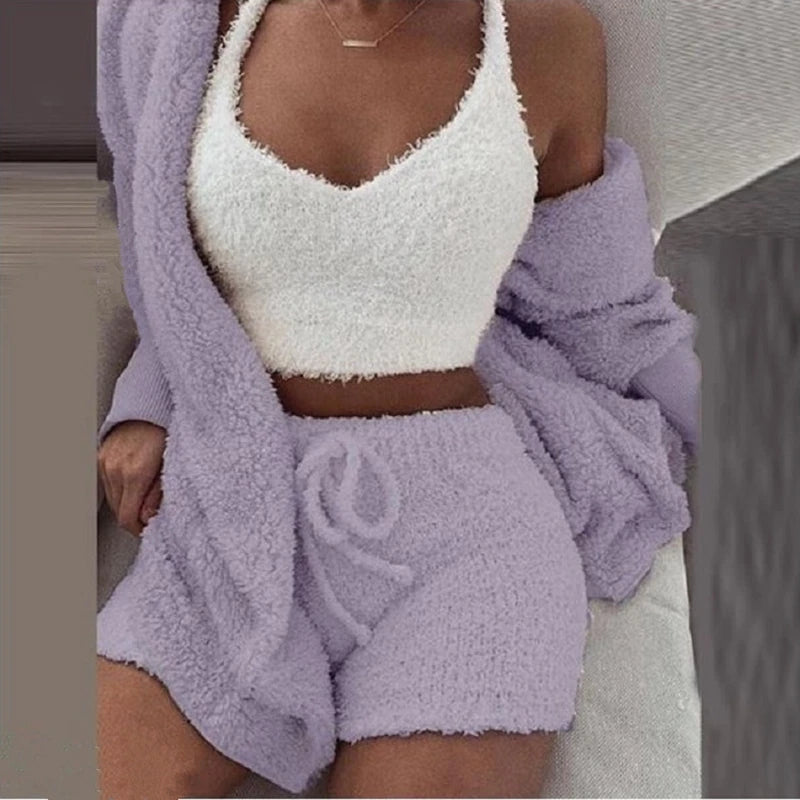Ensemble Pyjama Fluffy 3 Pièces Femme - Hoodie Débardeur Short Grande Taille Hiver